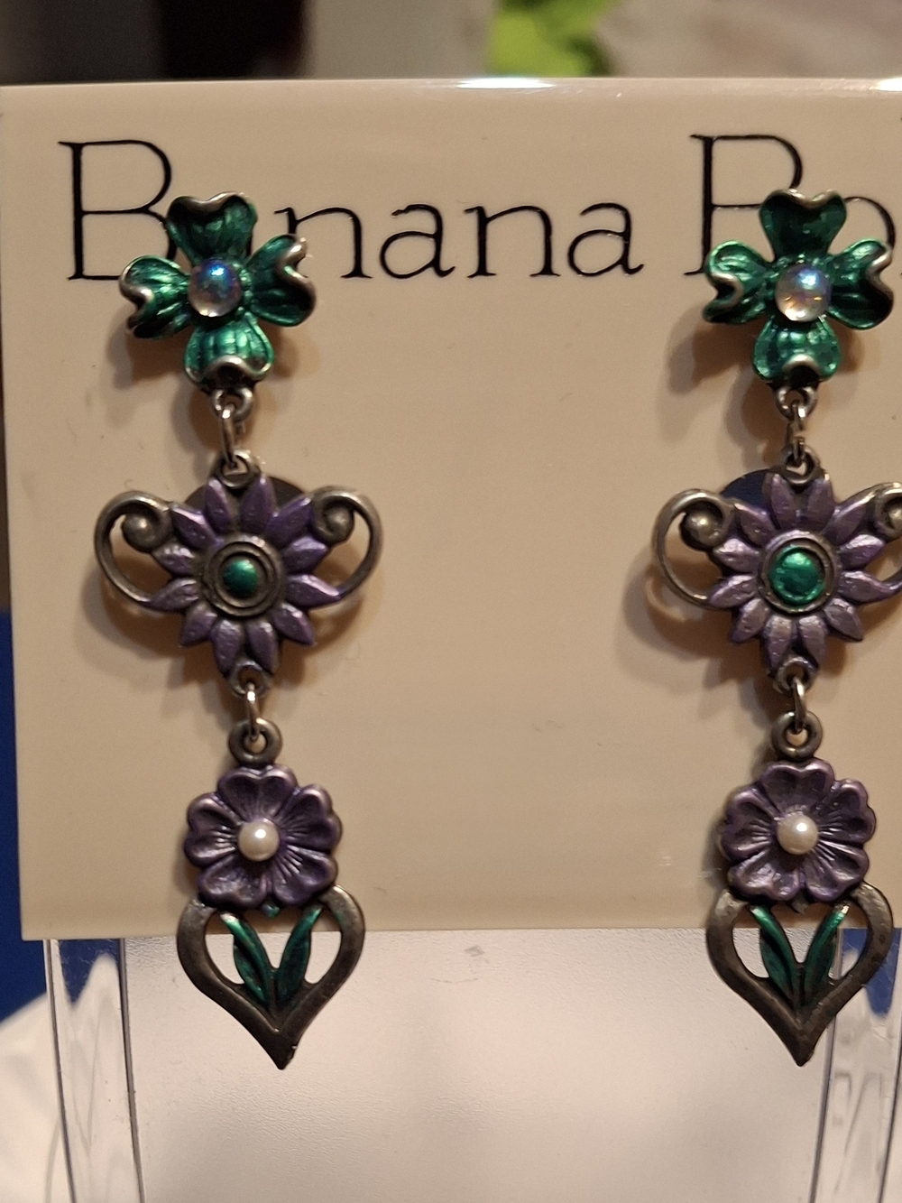 Banana Bob Purple & Teal Floral Drop Earrings New